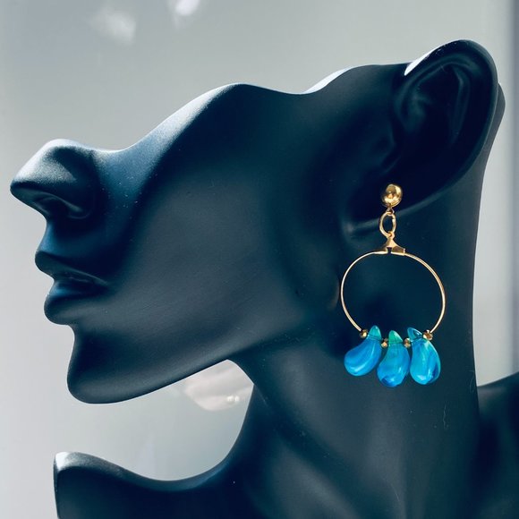 Lampwork Turquoise Teardrop Glass on Gold Plated Hoops - Picture 5 of 6